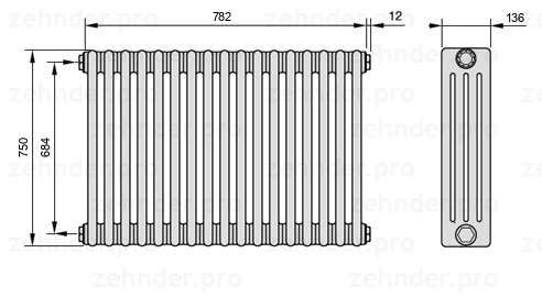 Схема (чертеж) Радиатор Zehnder Charleston 4075/17 №1270 Белый глянцевый RAL 9016